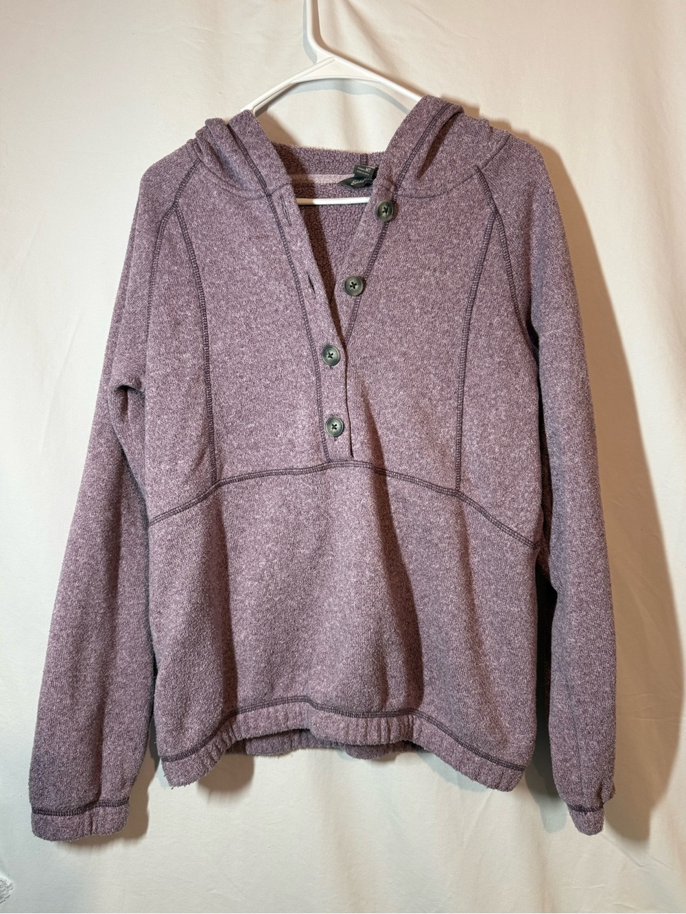 Eddie Bauer Womens Medium Tall Purple Fleece Hooded Pullover Button Henley